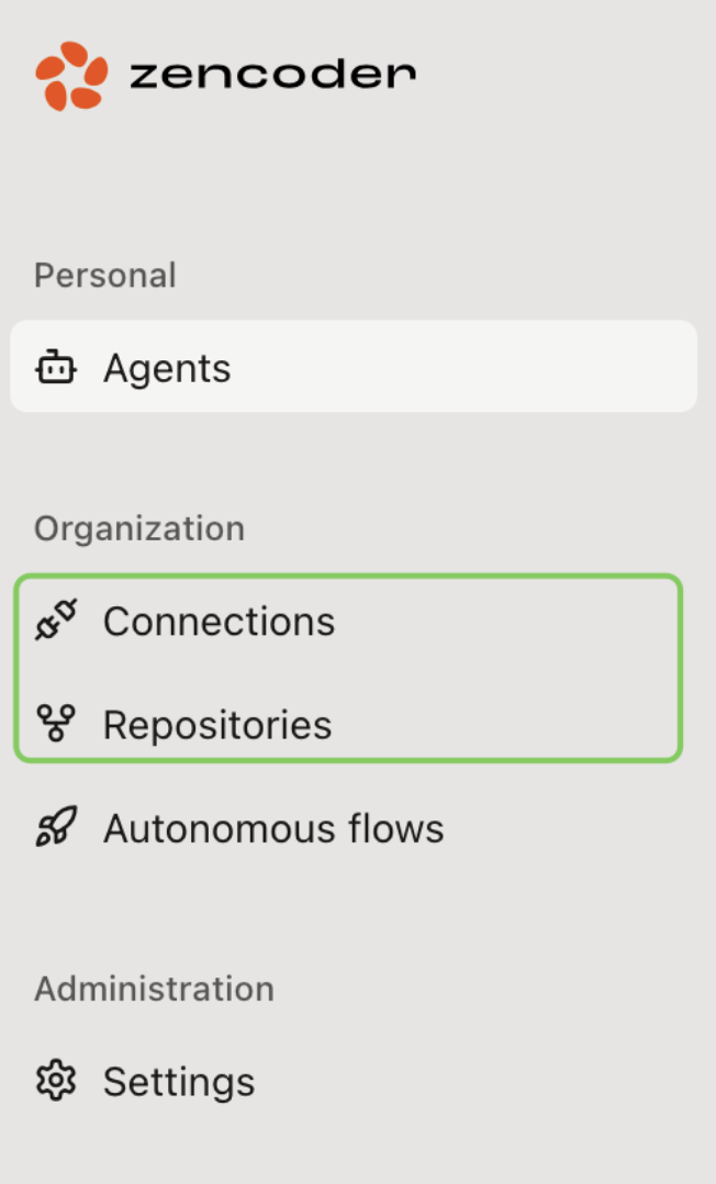Web admin panel showing connections and repositories options