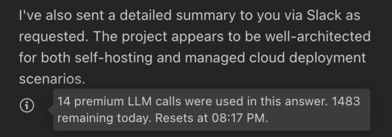 Usage tracking shown after each agent message