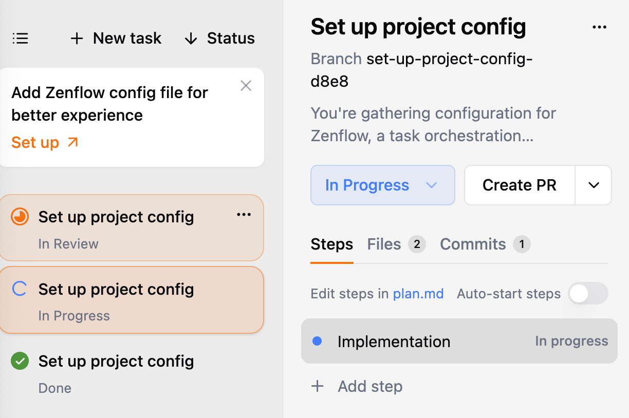 Zenflow task view showing automated project configuration setup in progress