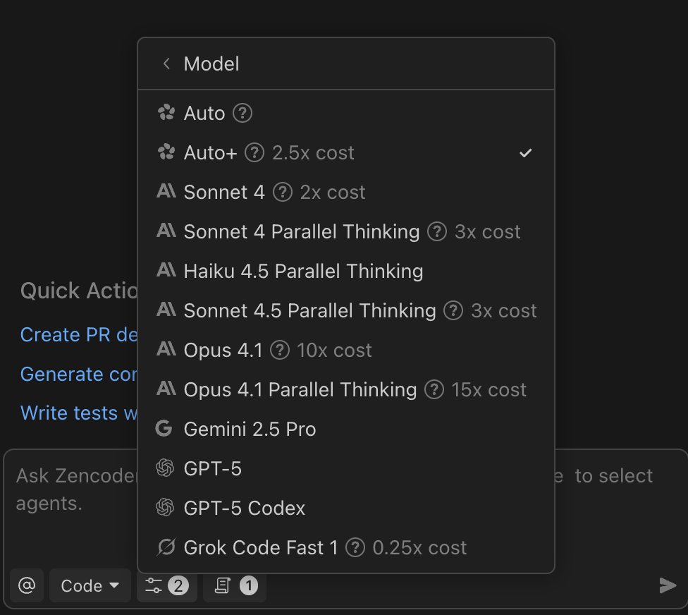 Model selector showing available models and multipliers