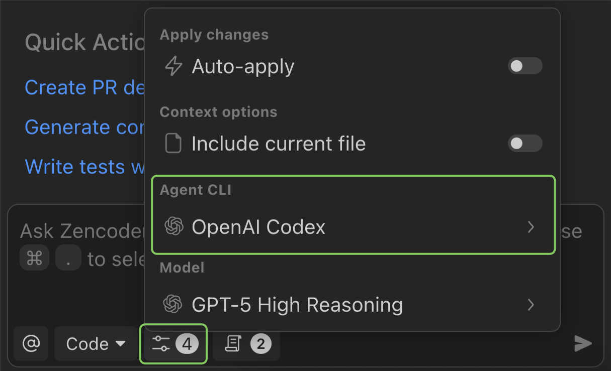 Selecting OpenAI Codex as runtime in Zencoder settings