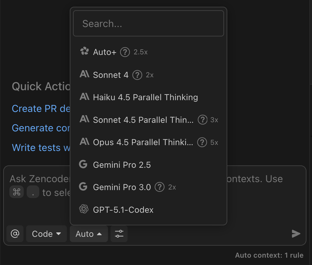 Model selector showing available models and multipliers