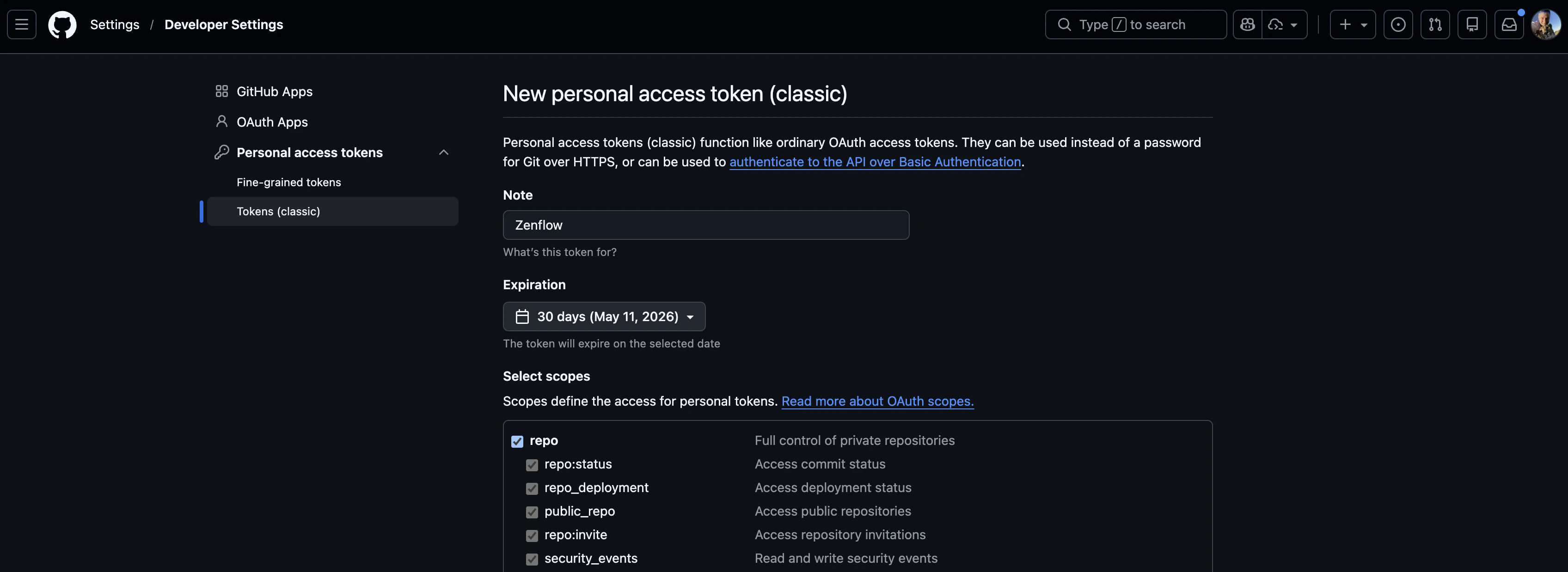 github new token creation page