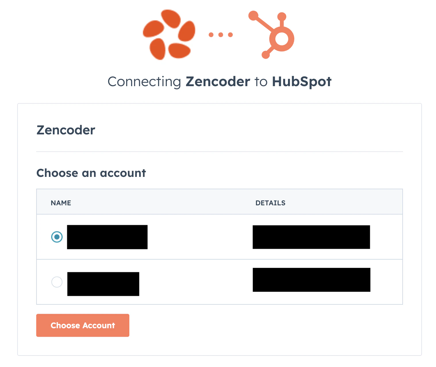 hubspot choose an account screen