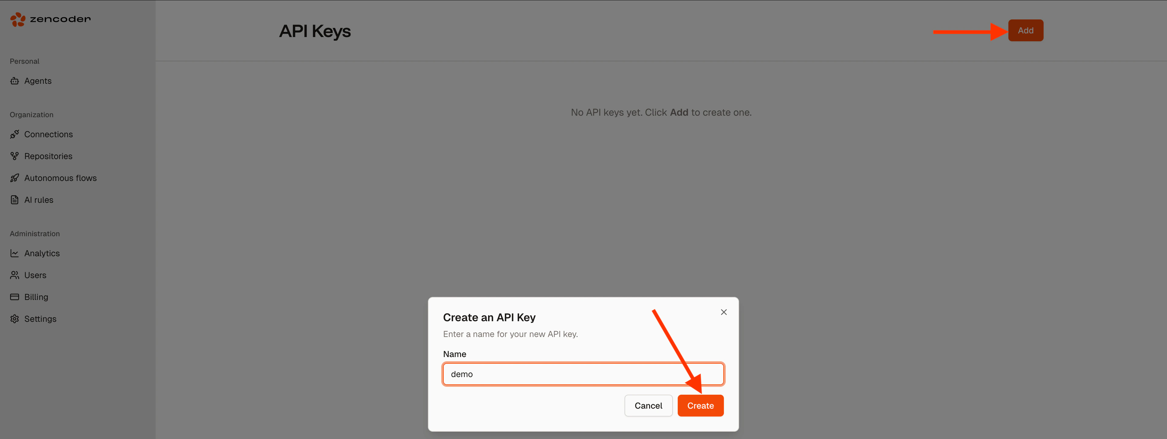 api key creation menu