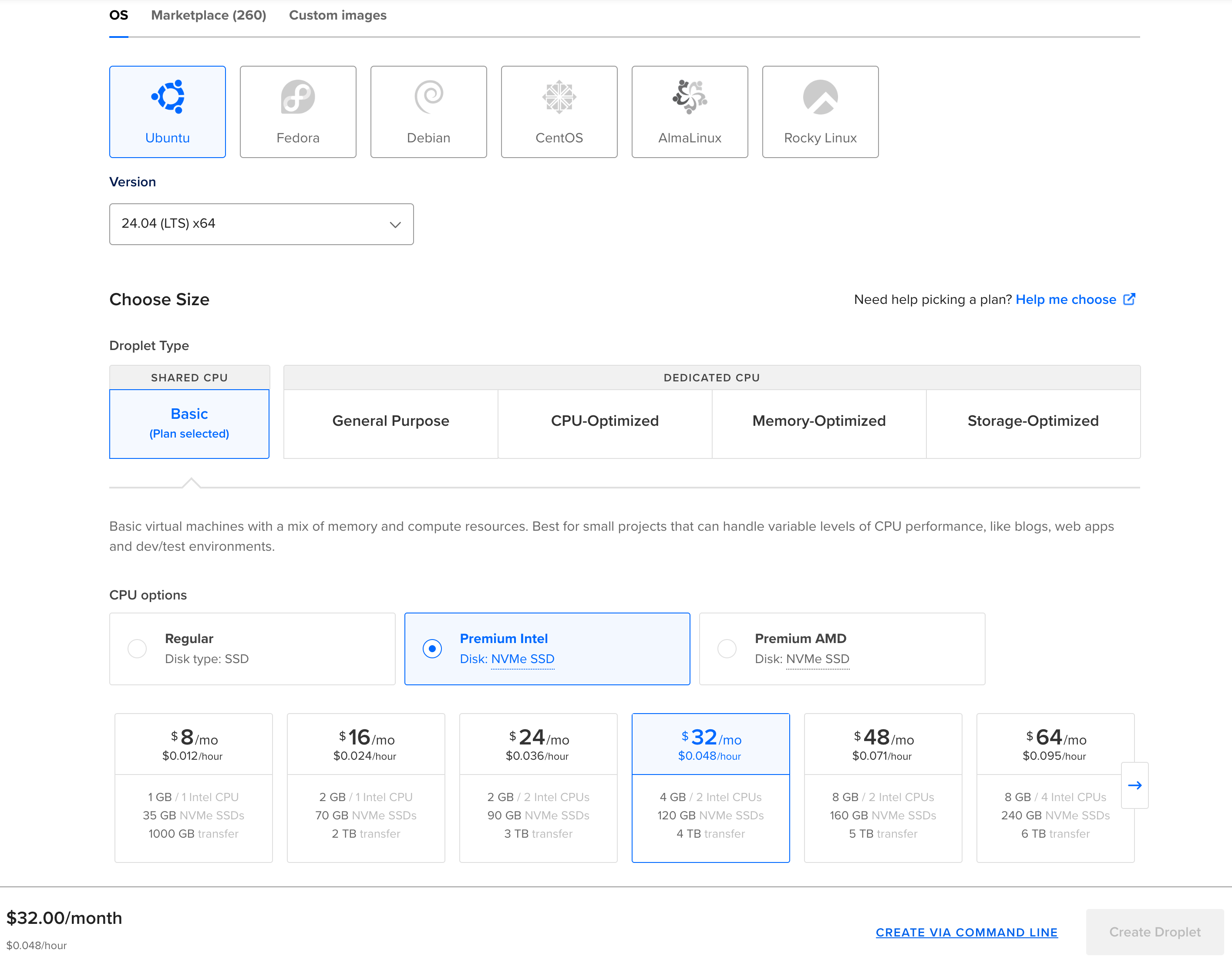 droplet OS and size settings