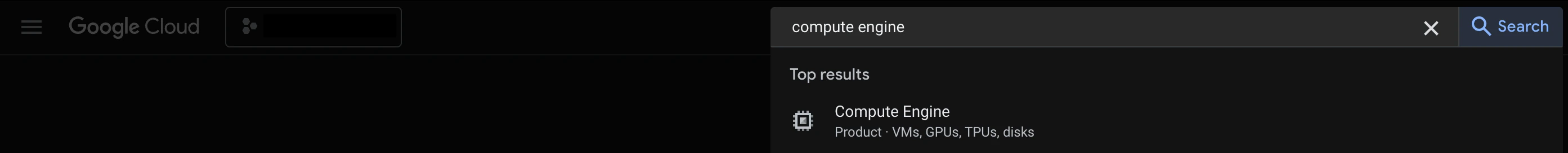 gcp search bar with compute engine