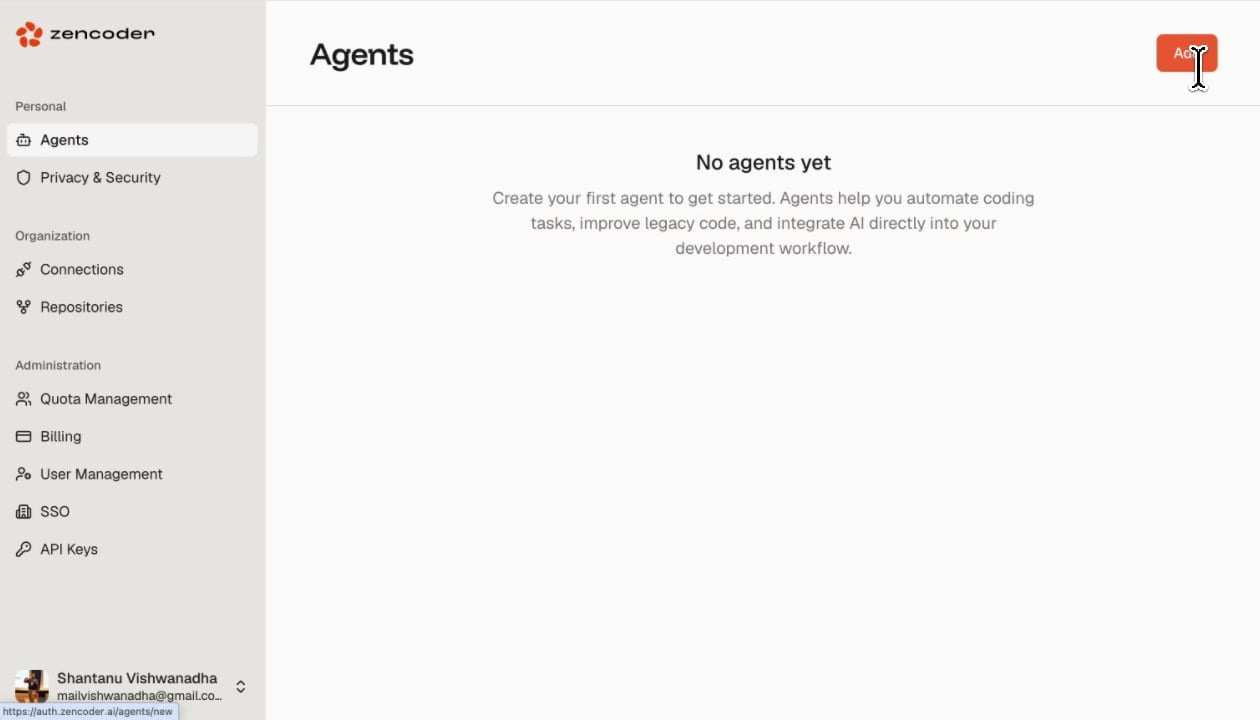 Zencoder Agents page showing empty state with Add button