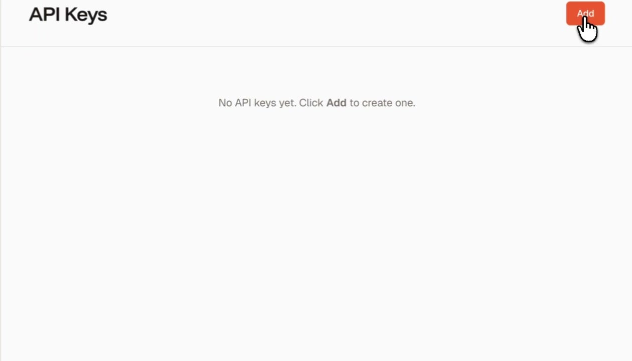 API Keys page showing empty state with Add button