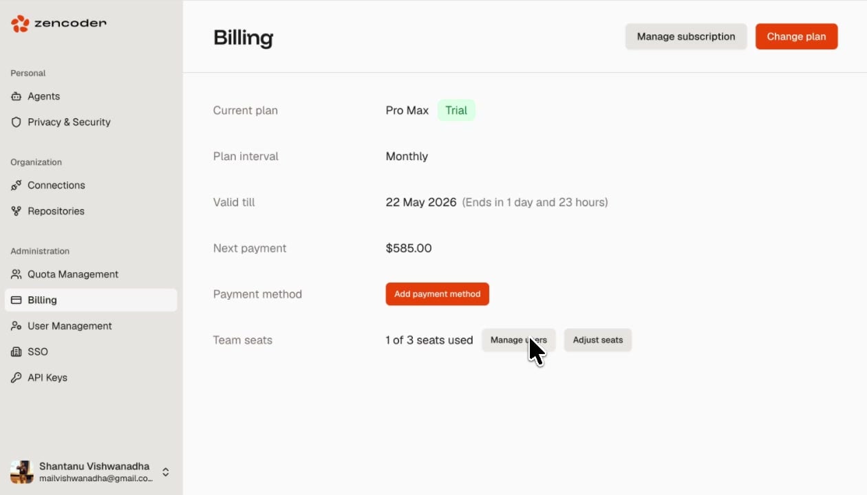 Billing page showing current plan, billing interval, validity, next payment, payment method, and team seats