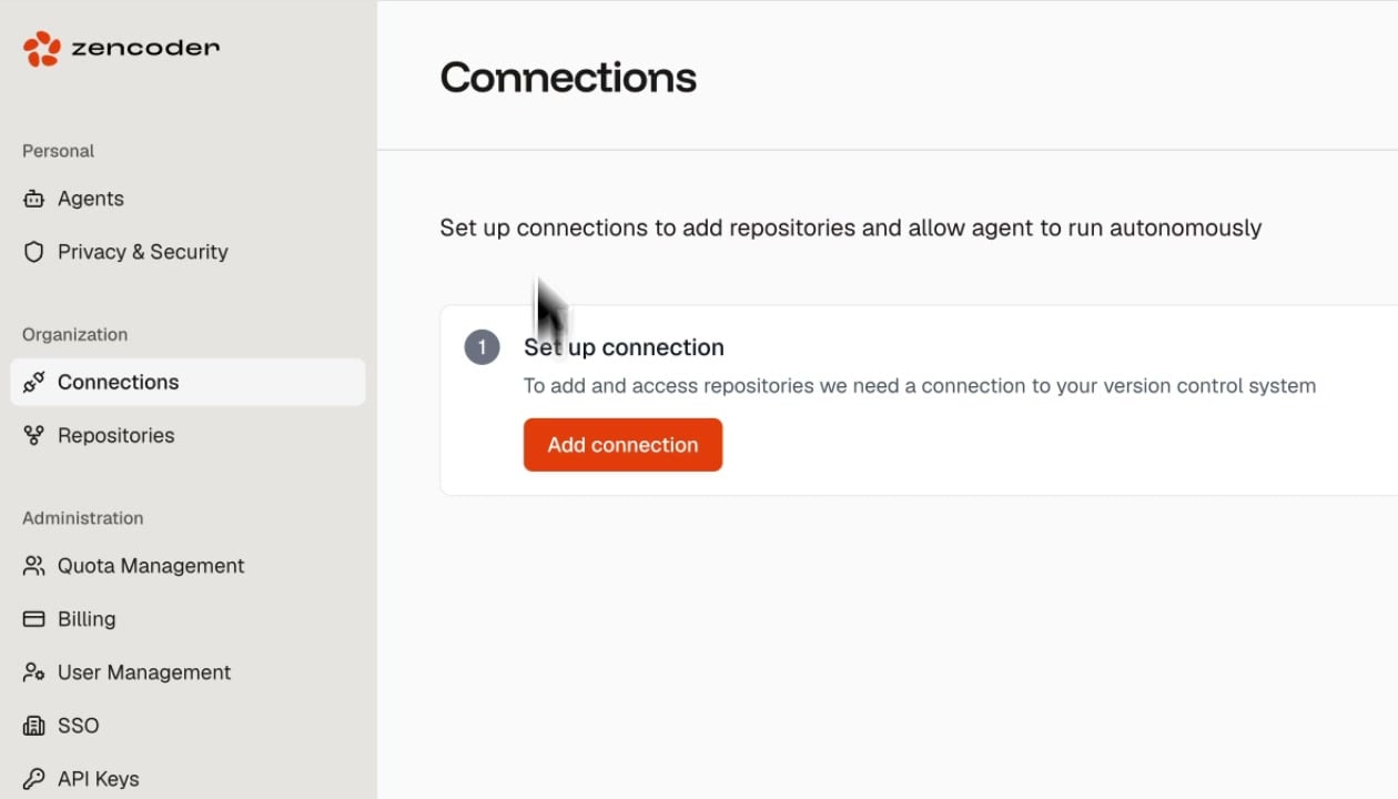 Connections page showing the setup flow with Add connection button