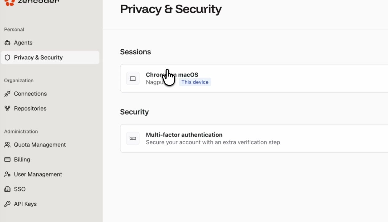 Privacy & Security page showing active sessions and multi-factor authentication options