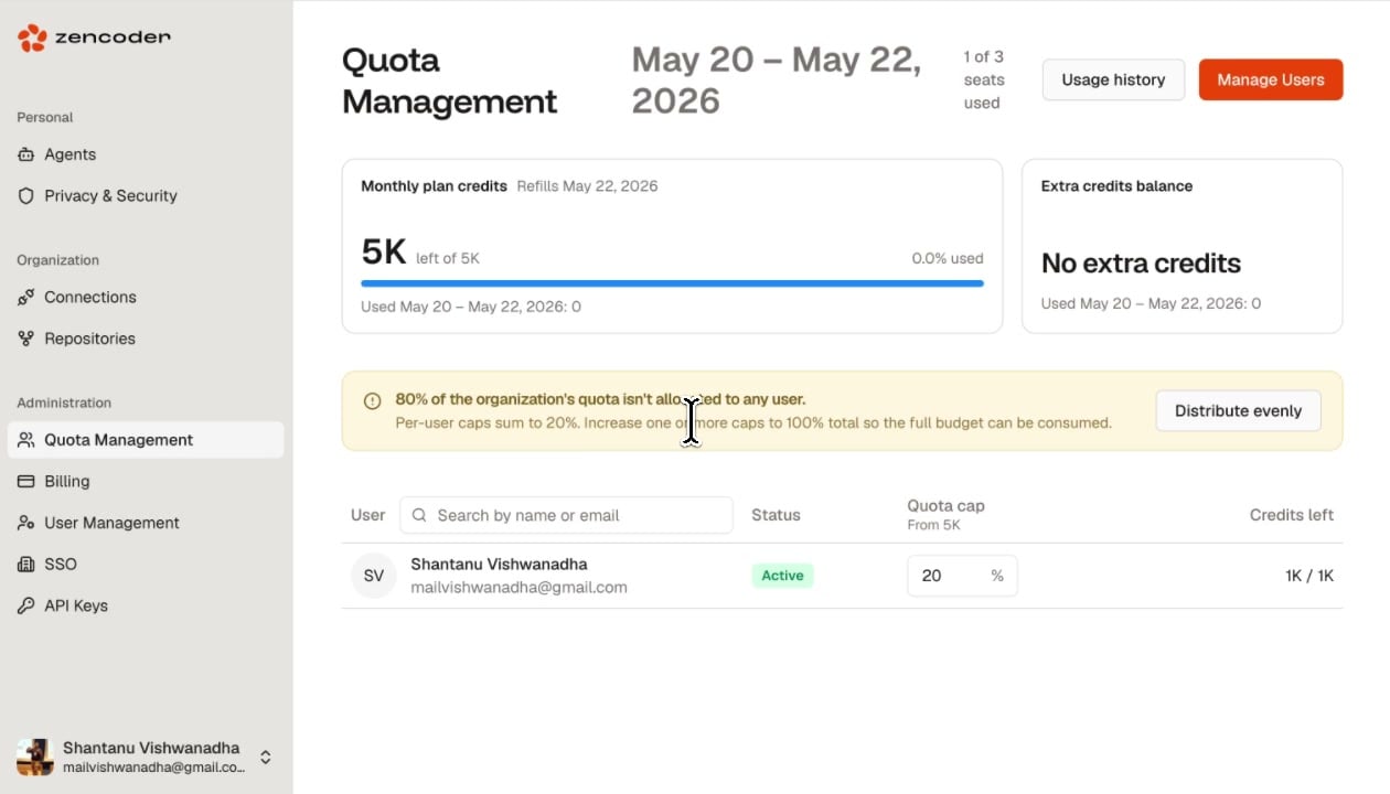 Quota Management showing a warning when per-user caps don't sum to 100% with a Distribute evenly button