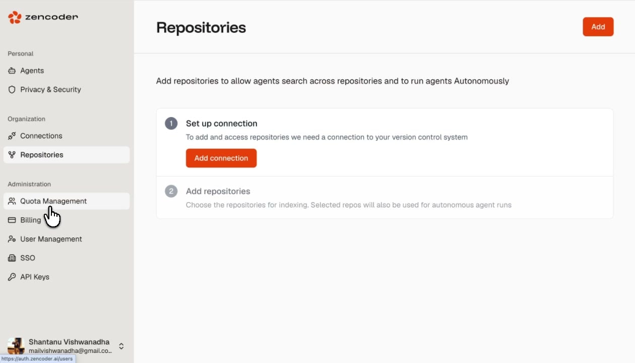 Repositories page showing the two-step setup: connect VCS and add repositories