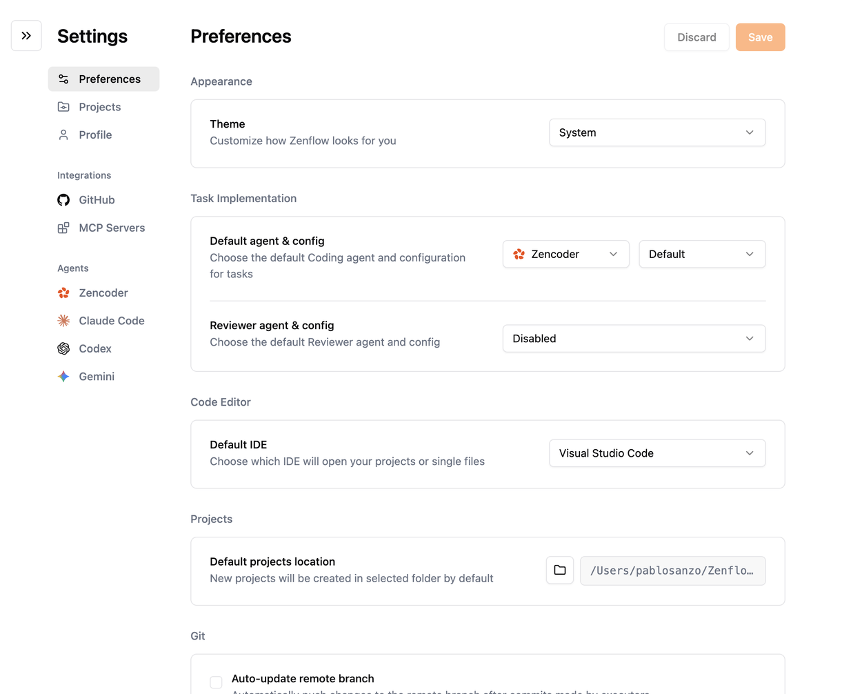 Zenflow Preferences panel showing theme, defaults, and notification toggles