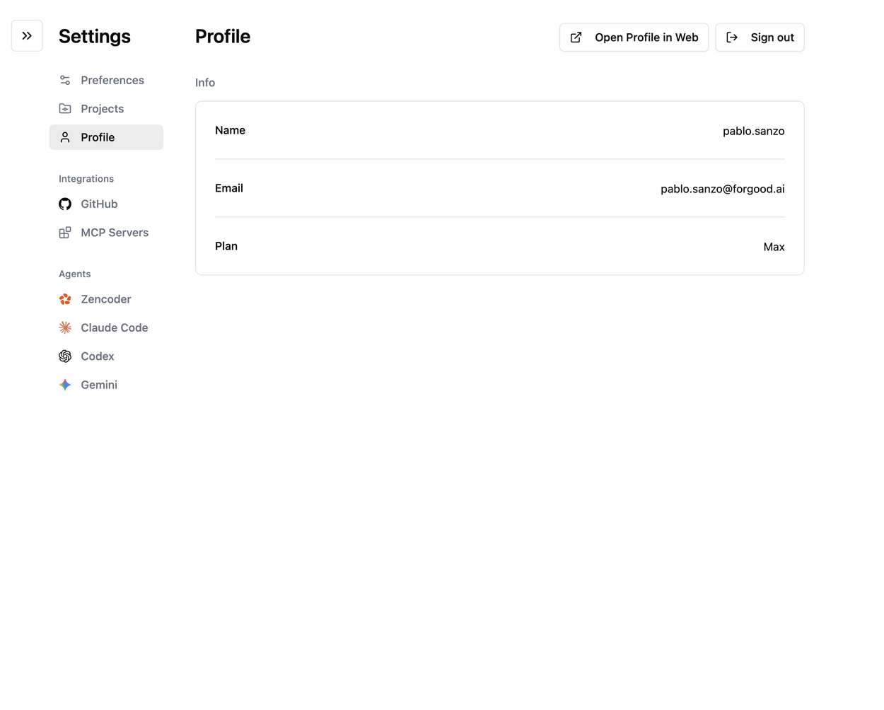 Zenflow profile settings page showing personal details and authentication options