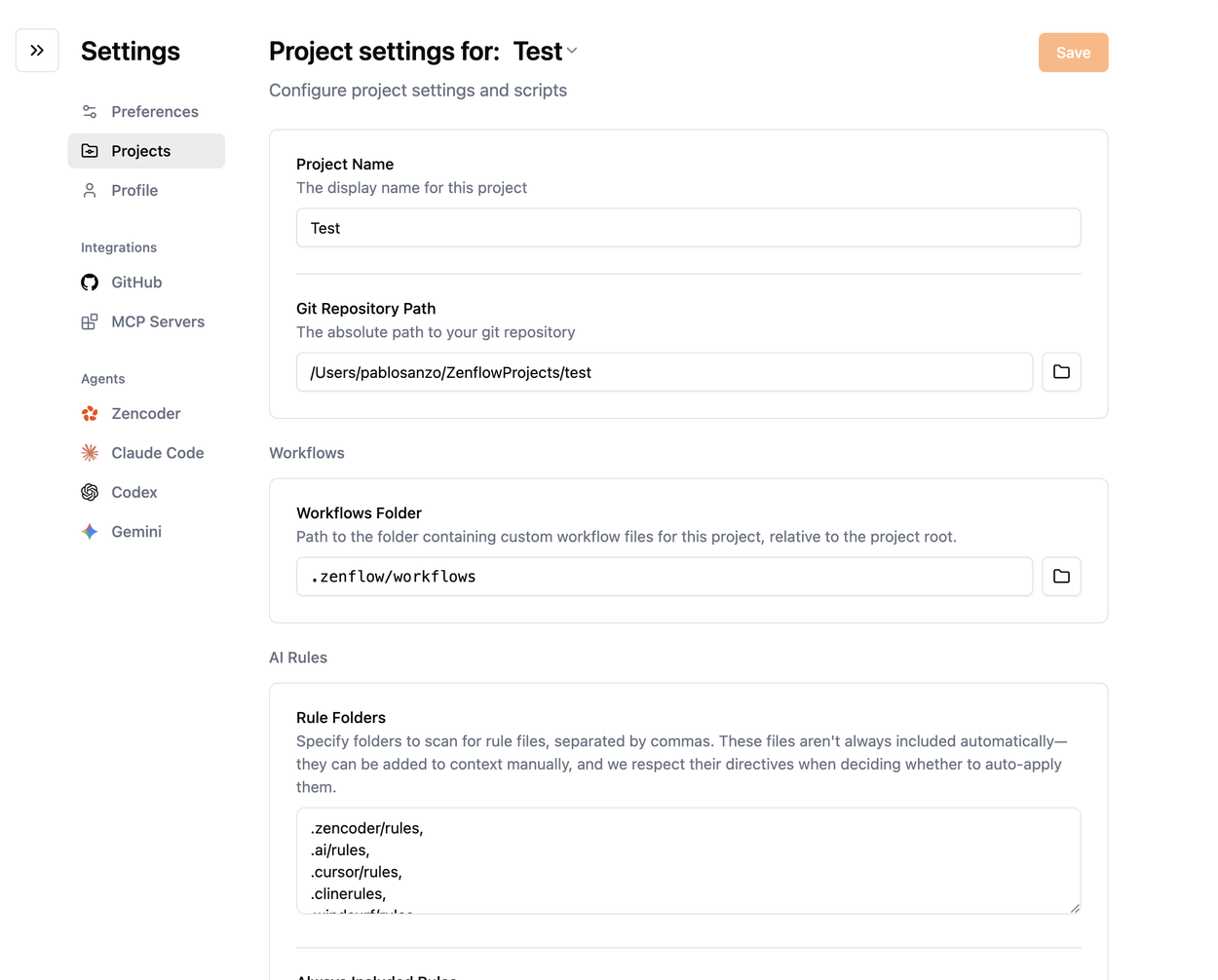 Zenflow projects configuration screen showing repo paths, scripts, and AI rules
