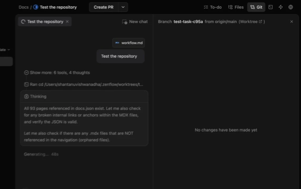 Git tab showing branch info and worktree link