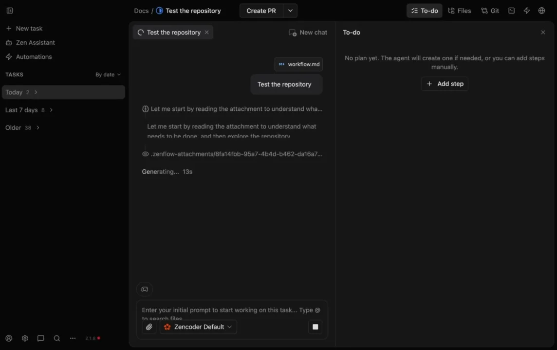 Zenflow task view with top bar (Create PR, To-do, Files, Git), chat panel on the left, and To-do panel on the right with Add step button