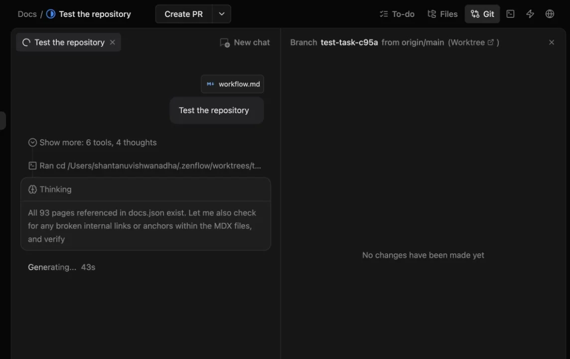 Agent chat showing live thinking block with tool calls and the Files panel on the right