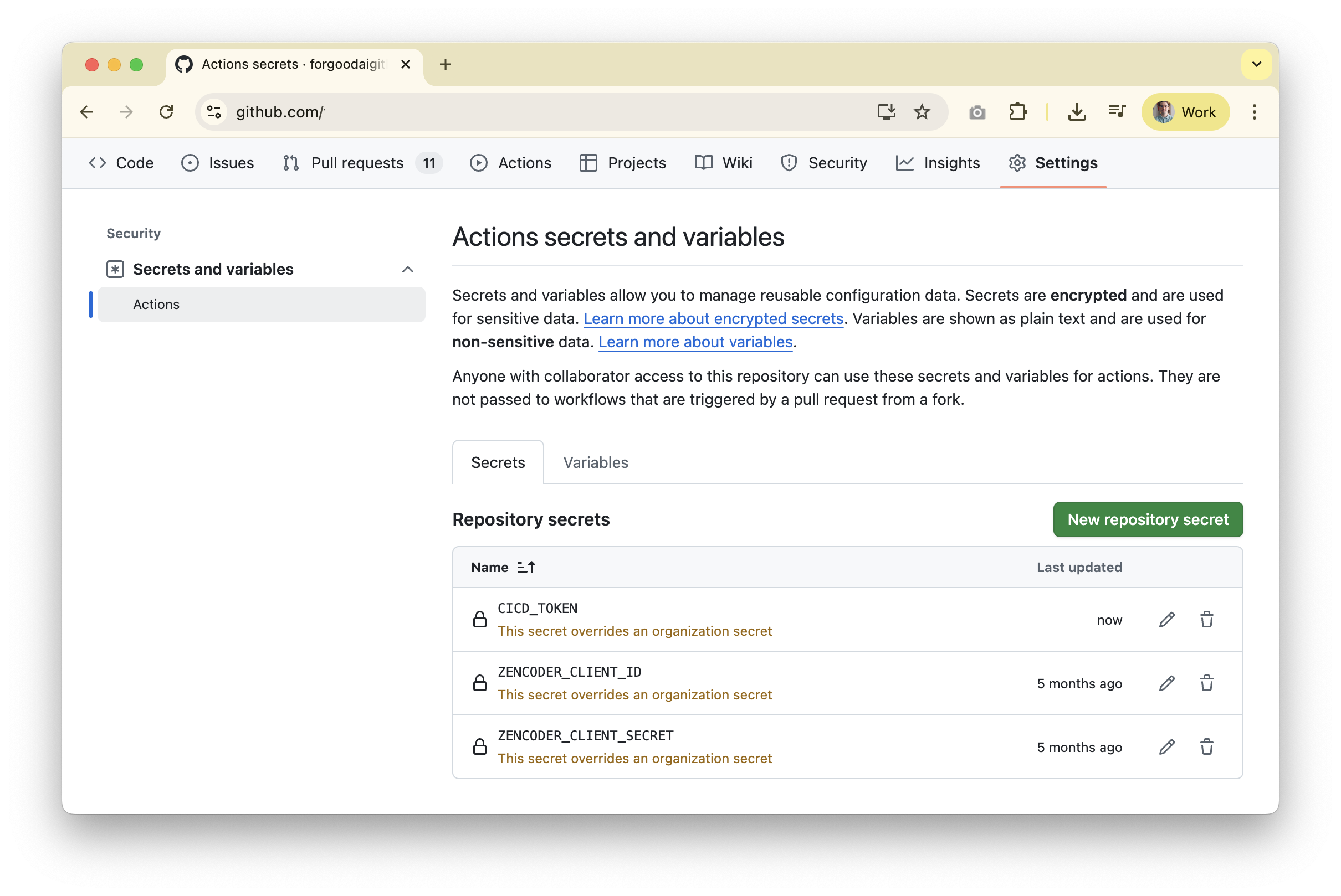 GitHub Actions secrets configuration showing Zencoder credentials stored as repository secrets