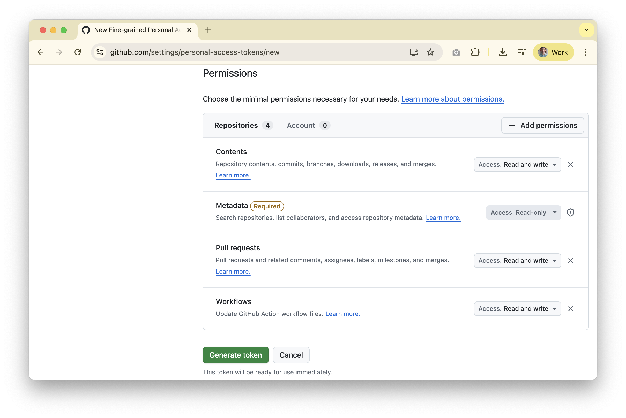 GitHub classic personal access token creation form showing repo and workflow scopes