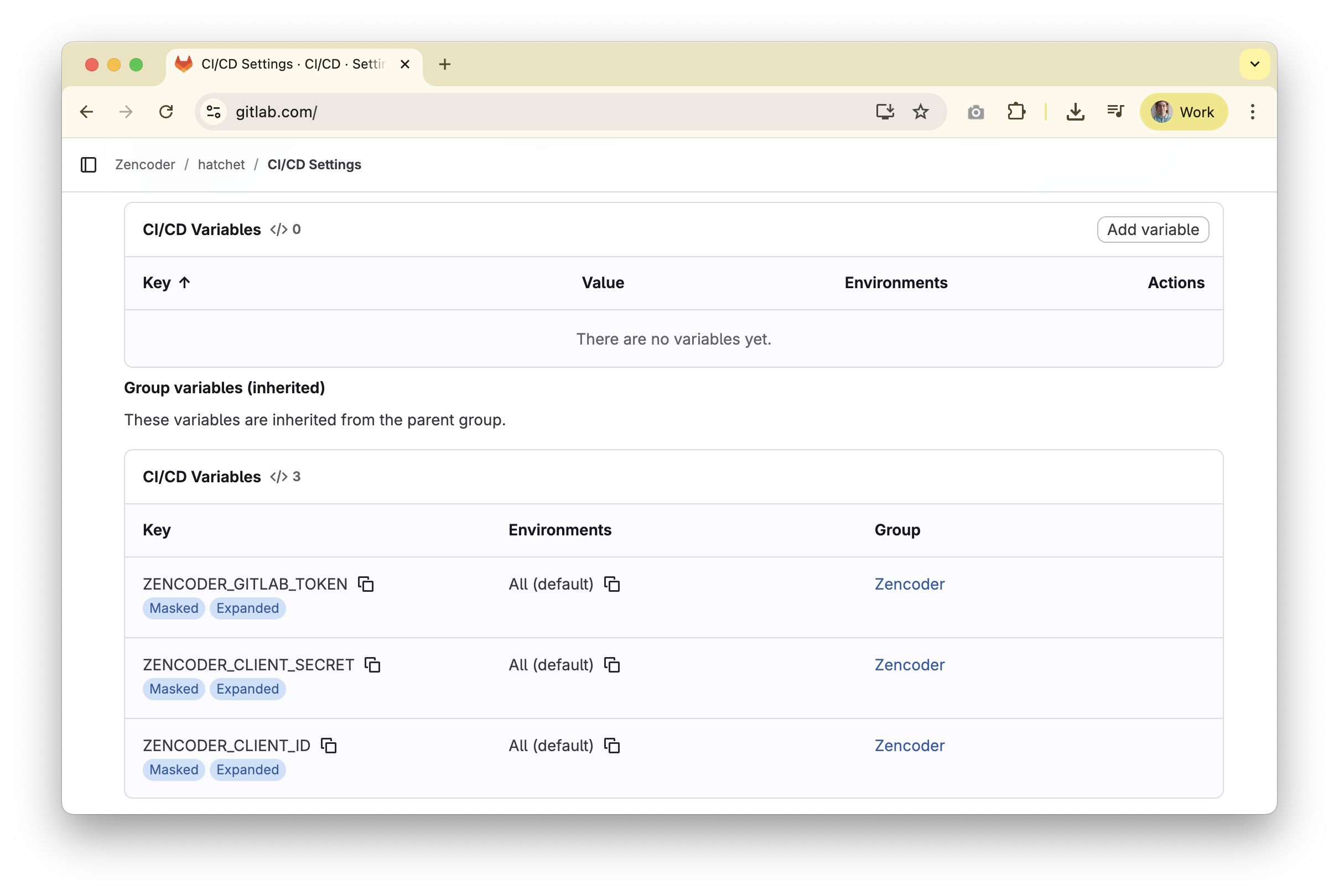 GitLab CI/CD variable configuration showing Zencoder credentials stored as protected variables