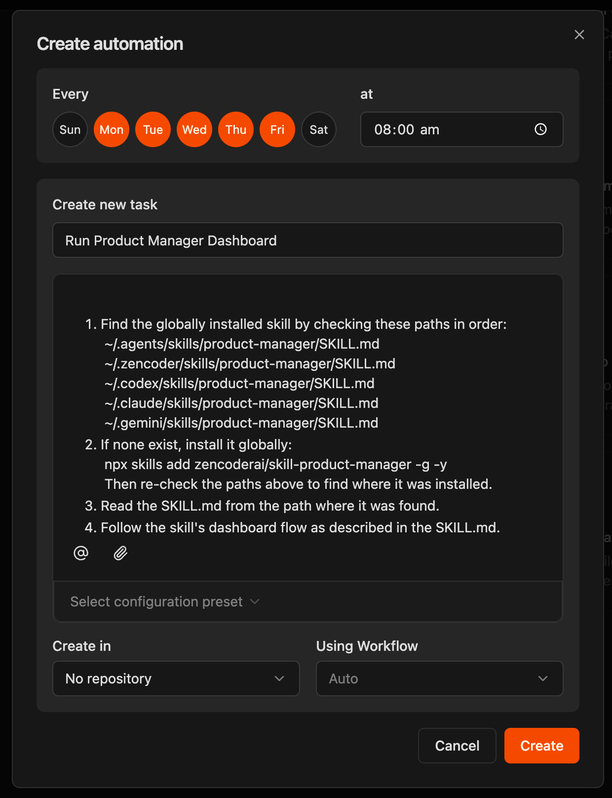 Create Product Manager Automation dialog