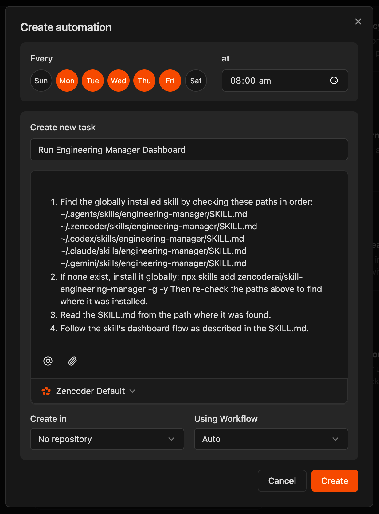 Create Engineering Manager Automation dialog