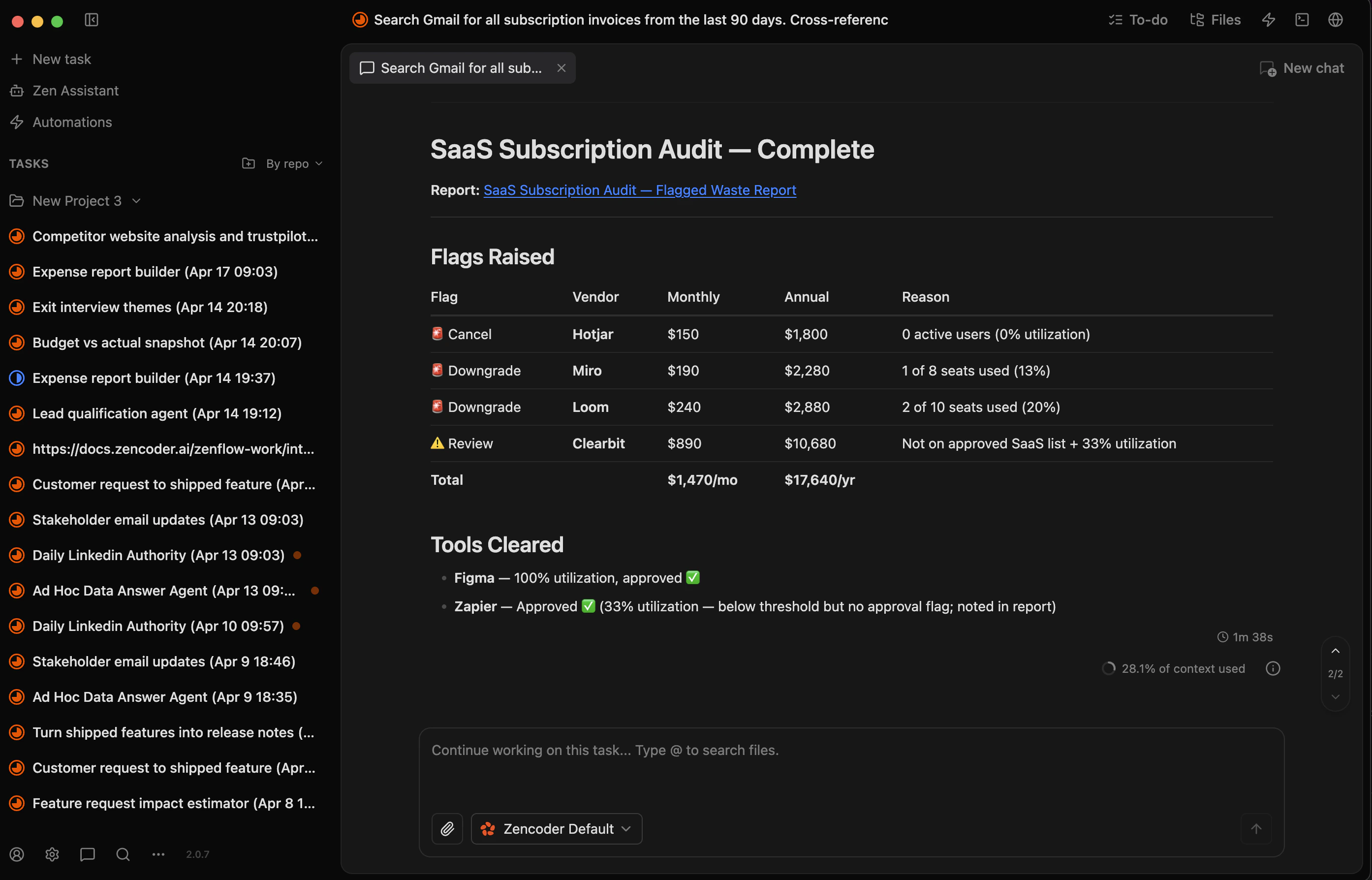 Zenflow main interface showing the three-column layout with repositories, task overview, and chat