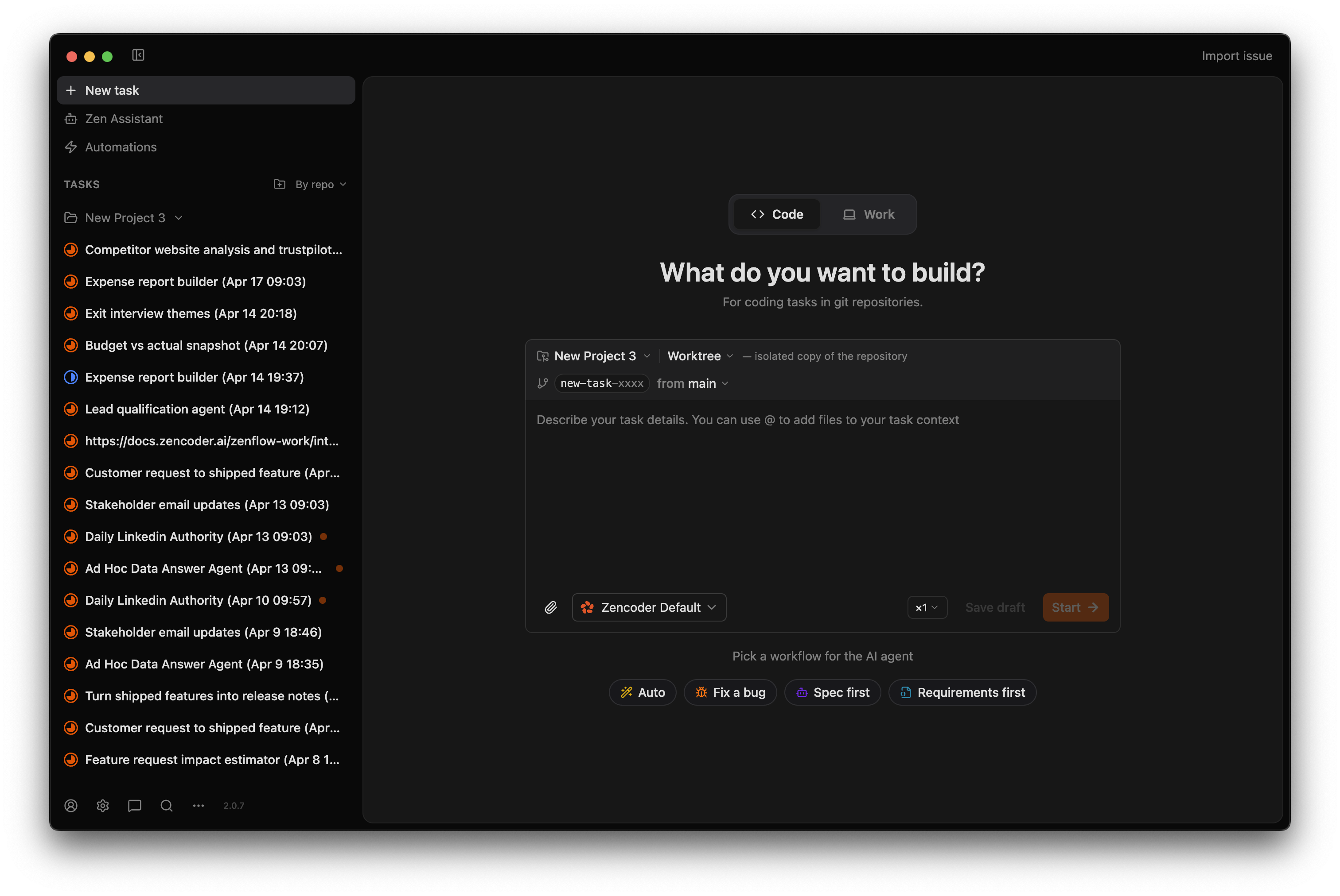 Task creation screen showing the description input, worktree selector, workflow picker (Auto, Fix a bug, Spec first, Requirements first), and Start button