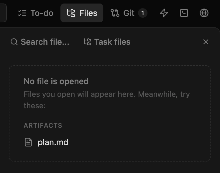 Files tab showing search, task files, and artifacts including plan.md