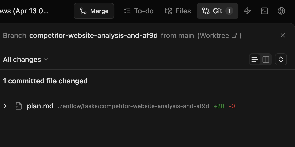 Git tab showing branch name, base branch, and committed file diffs