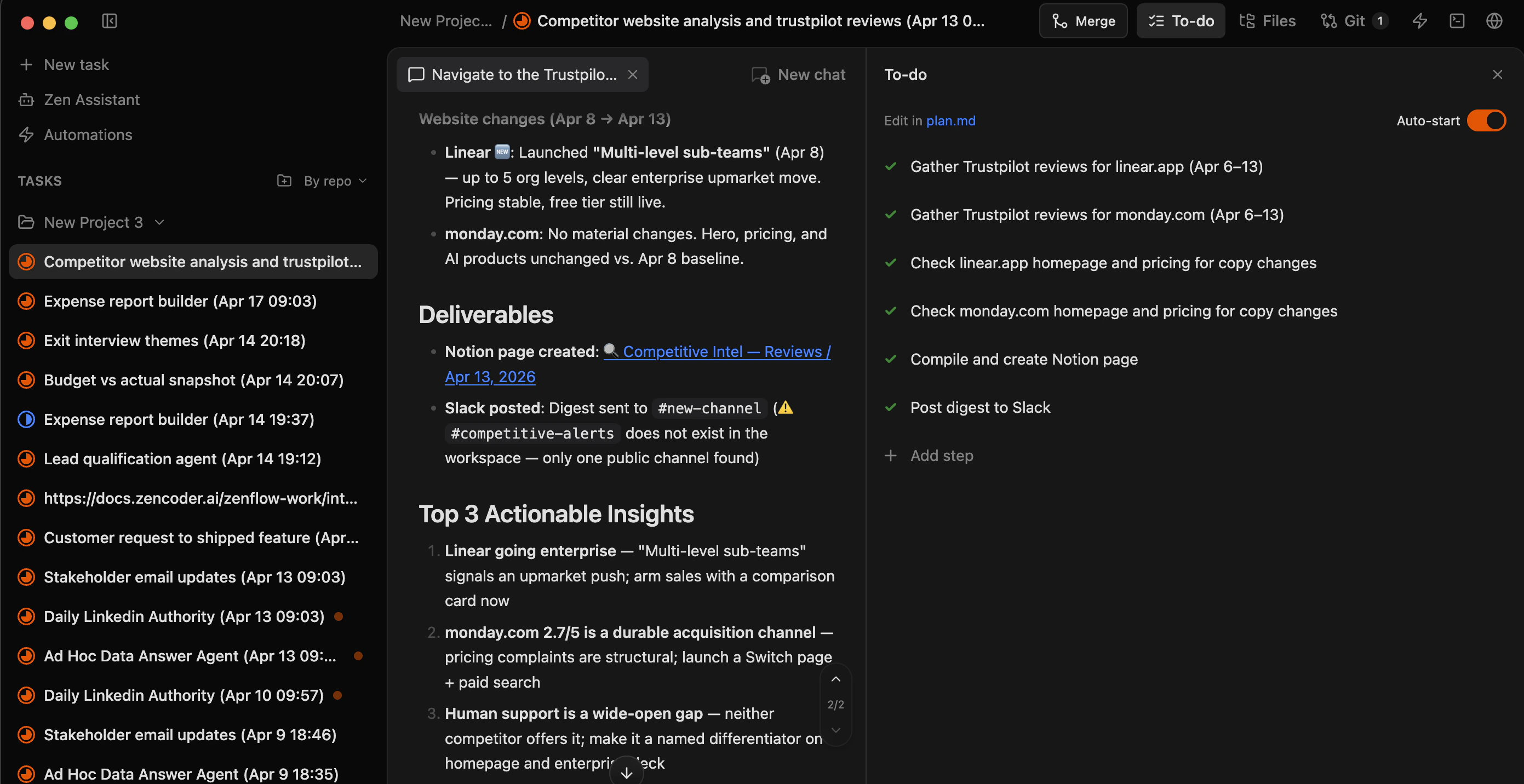 Zenflow task view showing the top bar with Merge, To-do, Files, and Git tabs, with the To-do panel open showing task steps and Auto-start toggle