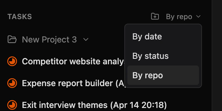 Task sort dropdown showing By date, By status, and By repo options