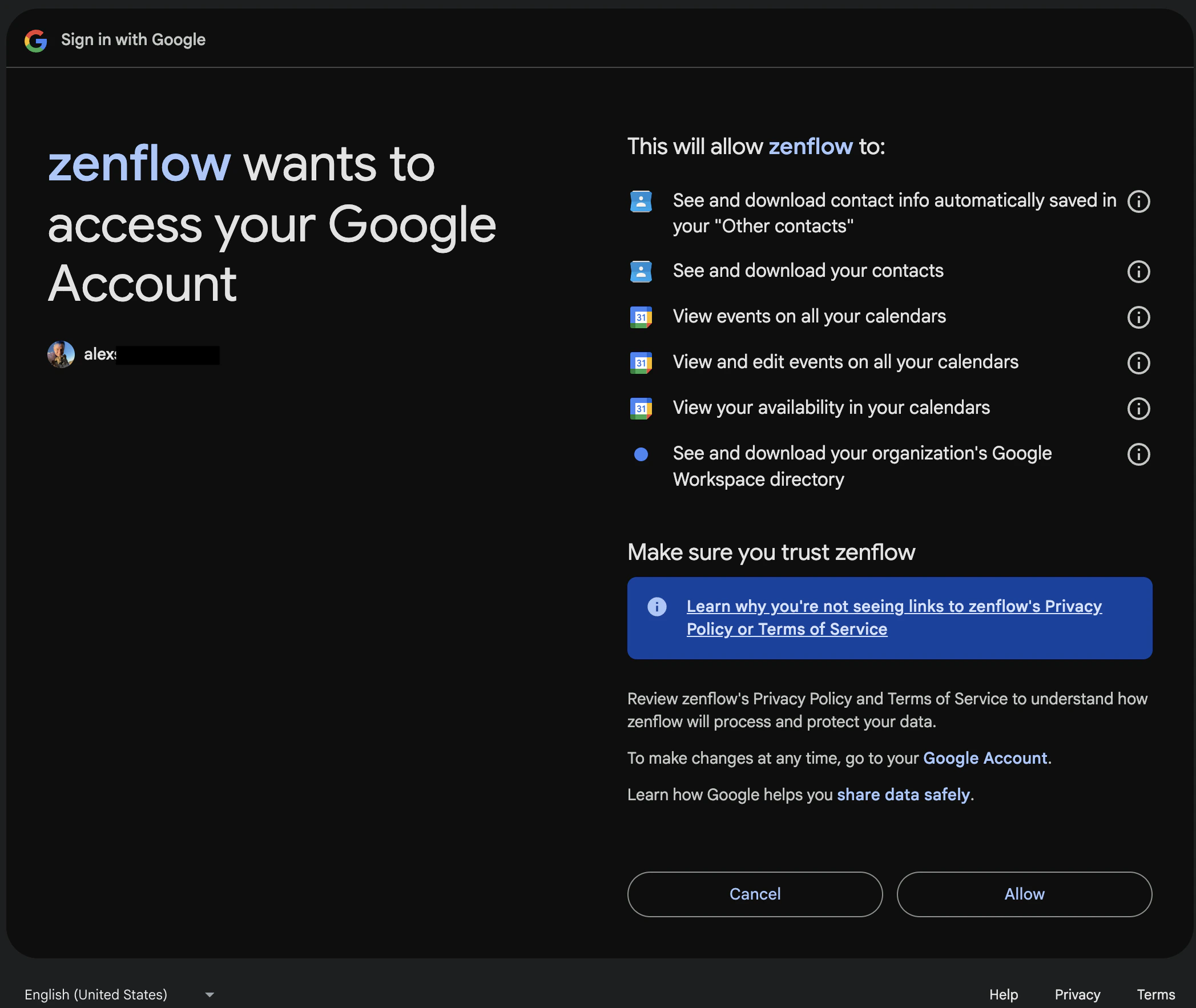 google calendar allow access screen