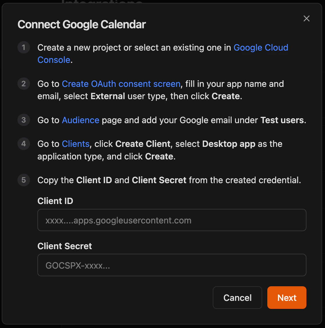 google calendar credentials entry form