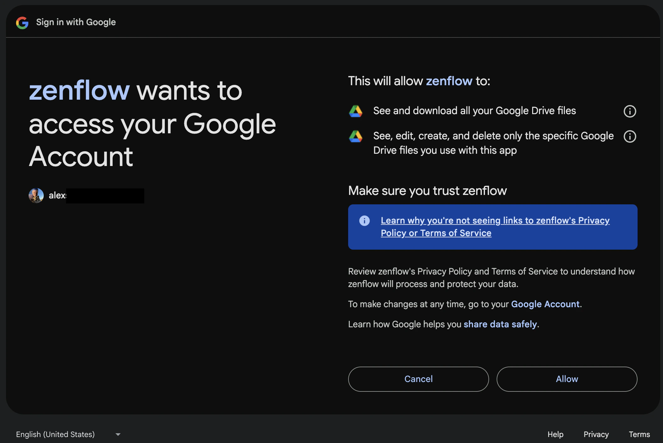 google drive allow access screen
