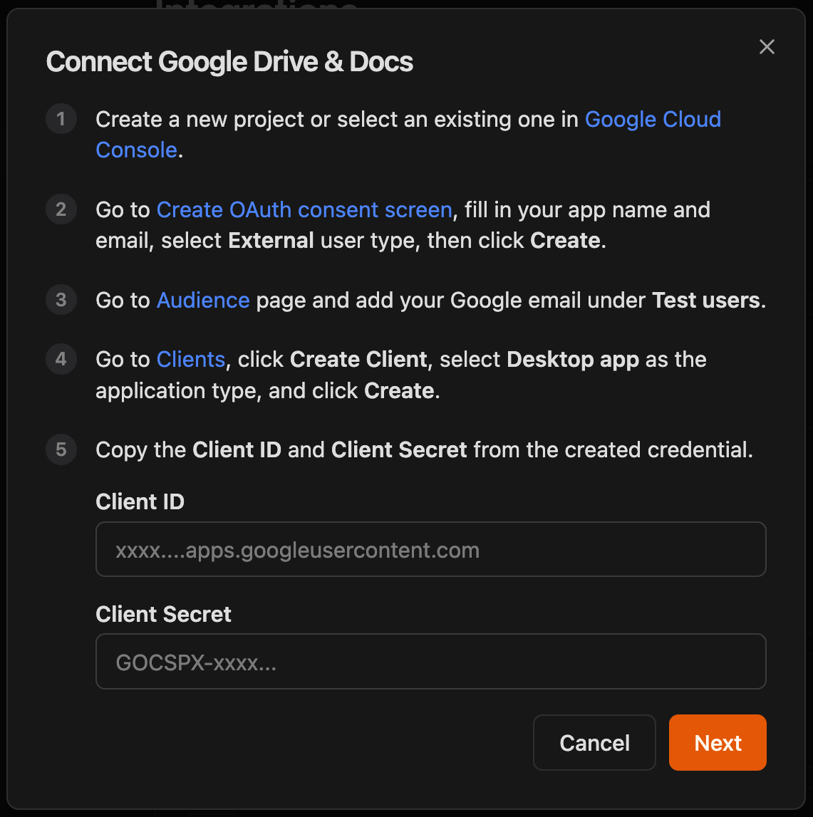 google drive credentials entry form