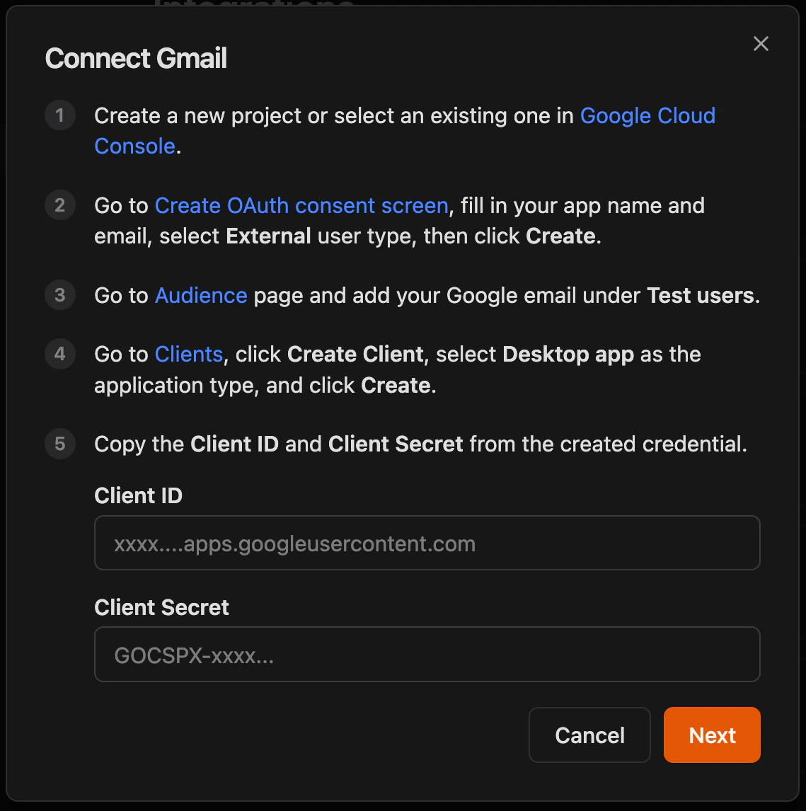 gmail credentials entry form