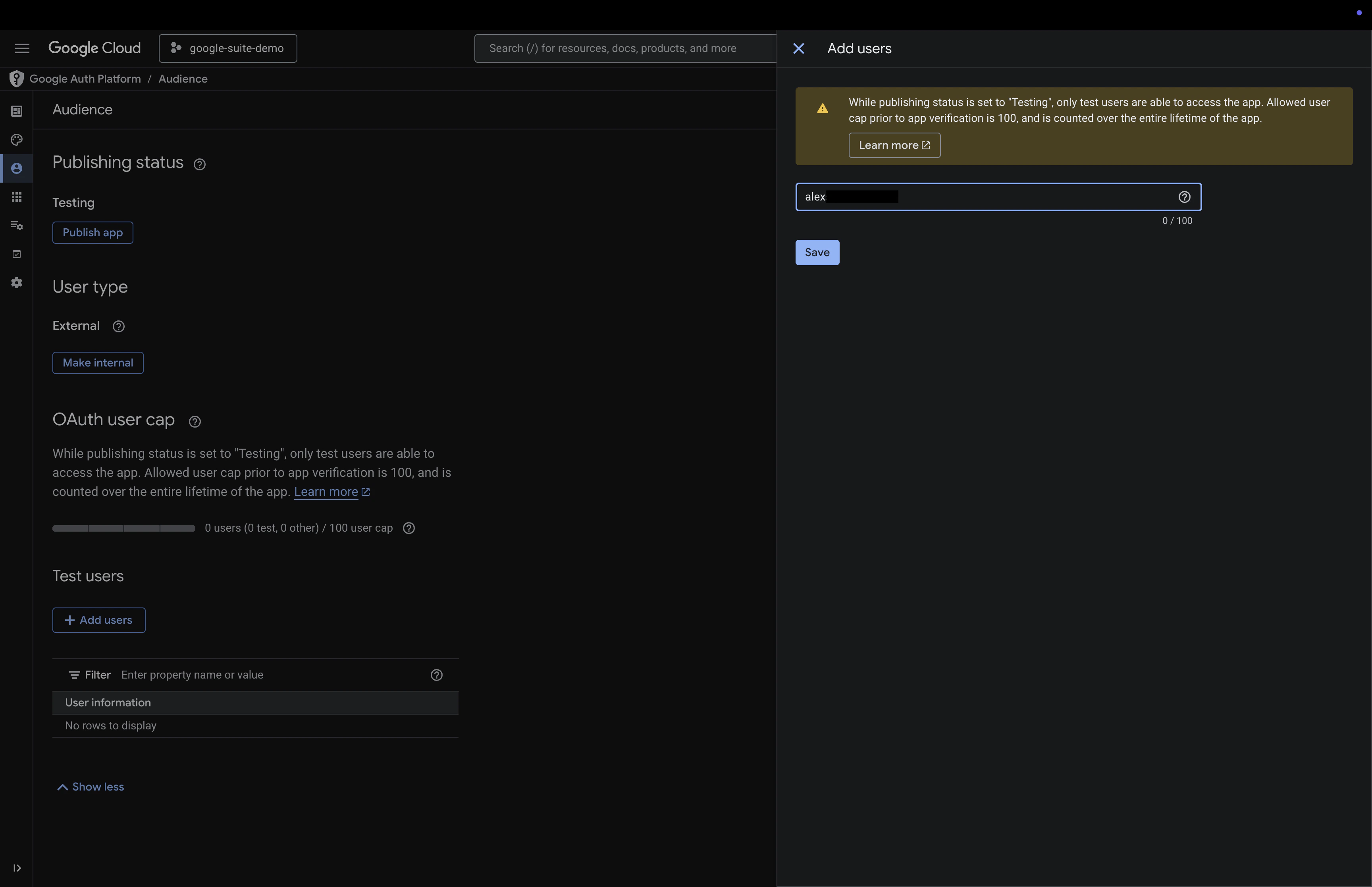 google cloud audience screen adding user