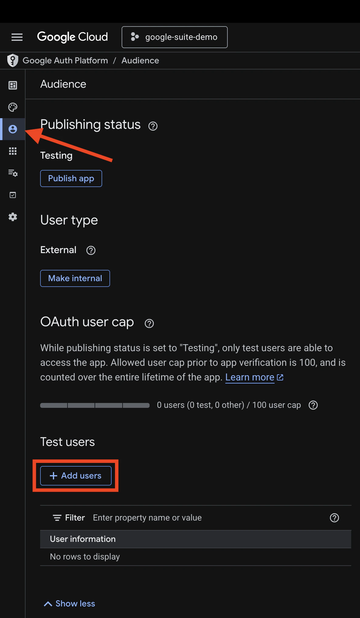 google cloud audience screen