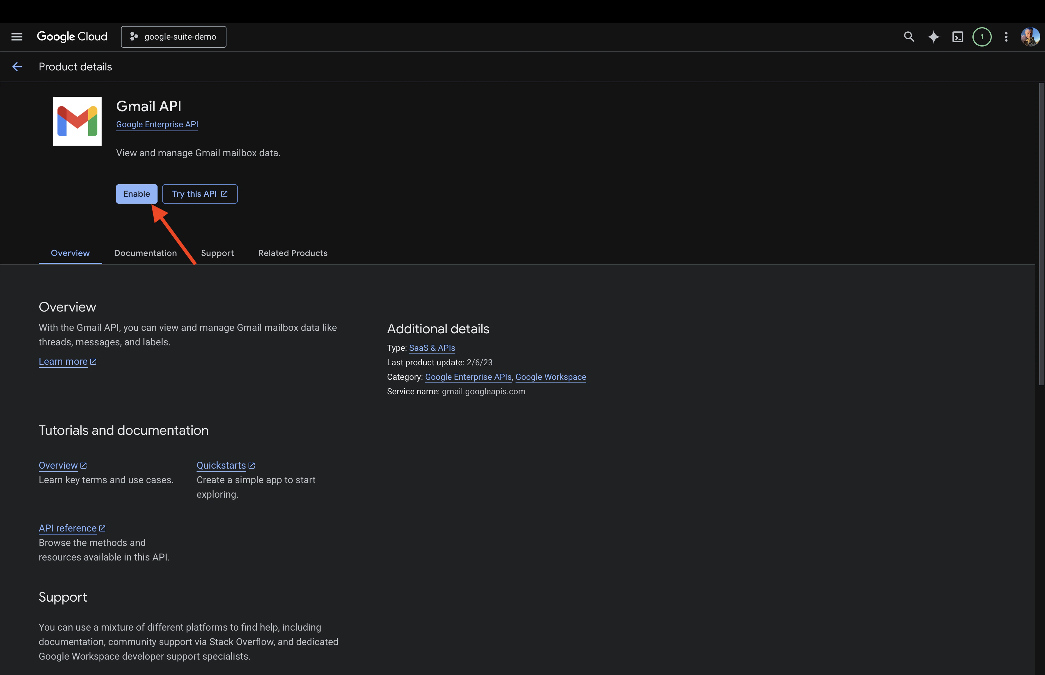 google cloud gmail api enable screen