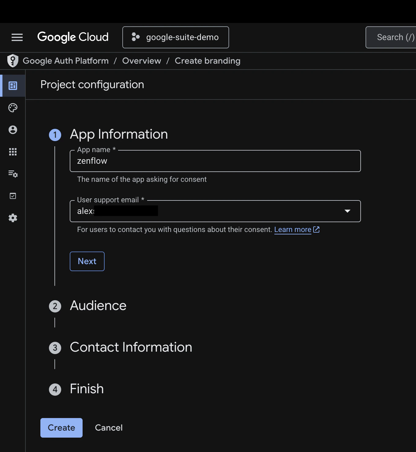 google cloud oauth project config step 1