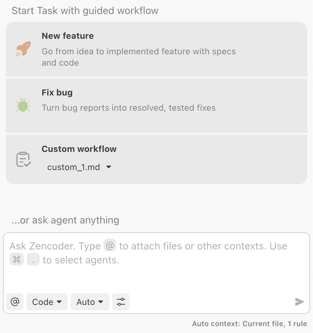 IDE selector showing the default workflows plus a custom workflow dropdown