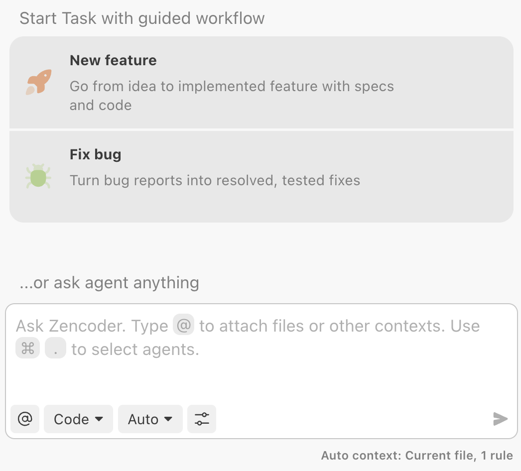 IDE view showing the New feature and Fix bug workflow tiles