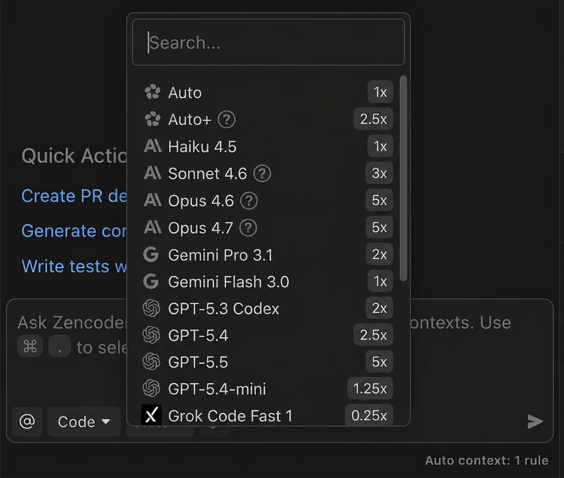 Model selector showing available models and multipliers