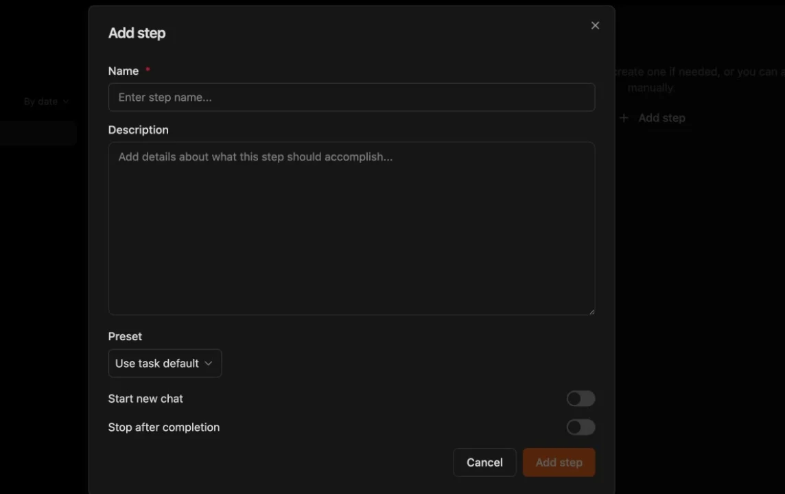Add step dialog with fields: Name, Description, Preset selector, Start new chat toggle, Stop after completion toggle, and Add step button