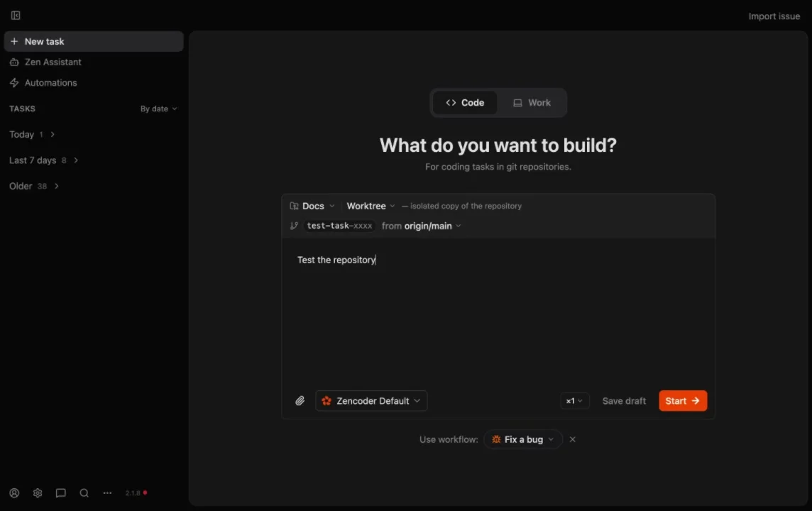 Task creation screen showing Code/Work toggle, repository selector, description input, agent preset, workflow picker, and Start button