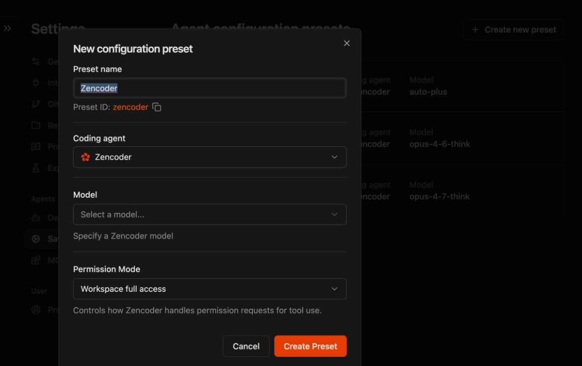 New configuration preset dialog with preset name, coding agent, model, and permission mode fields
